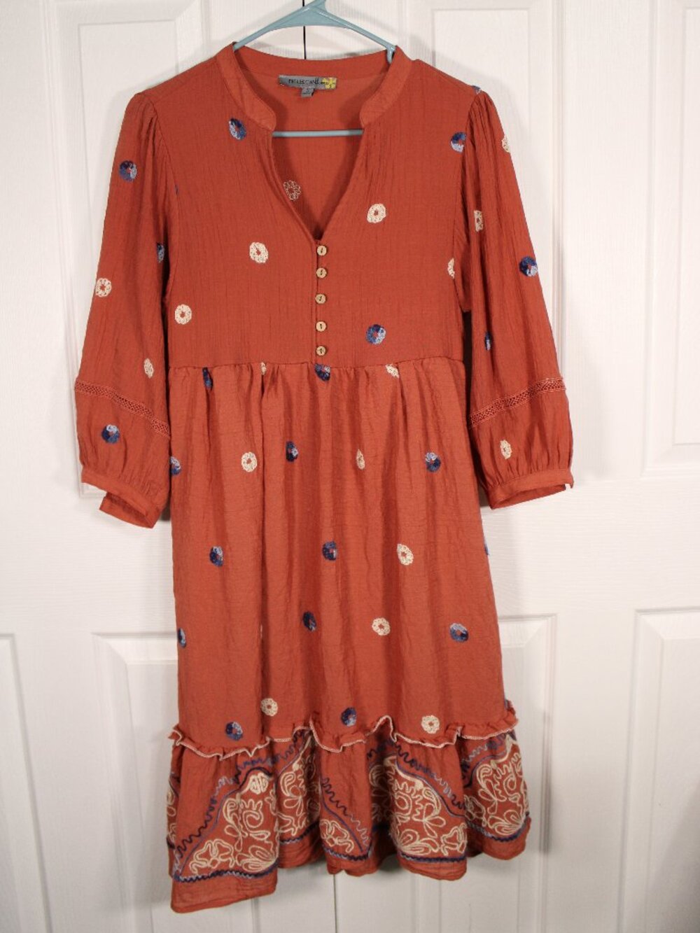 Figueroa & Flower Elbow Sleeve Embroidered Midi Rust/Orange Colored Dress